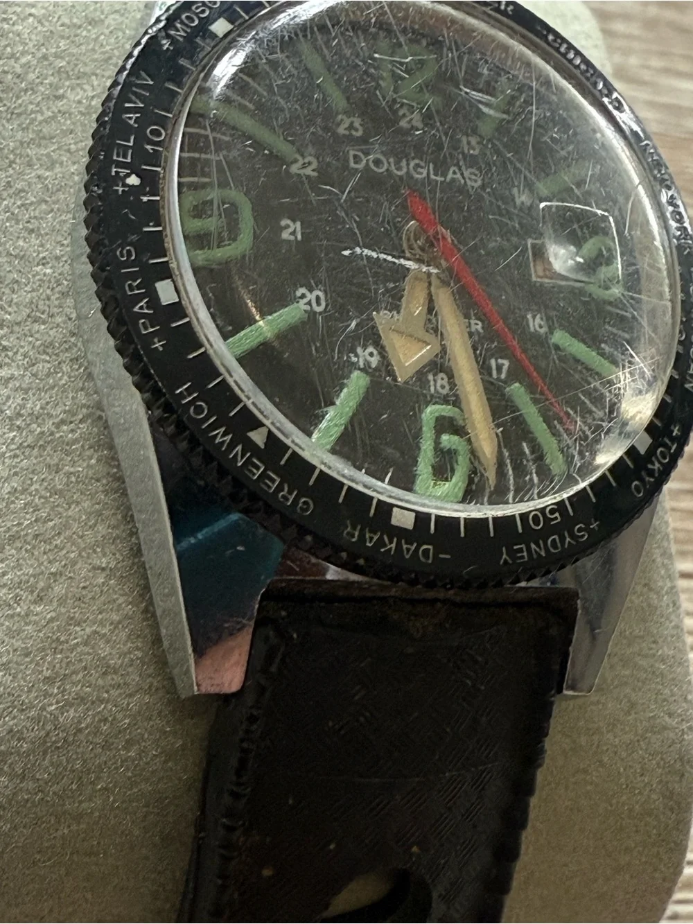 1960s Douglas Vintage Pilot Style Watch — Black Dial with Green Accents (parts)